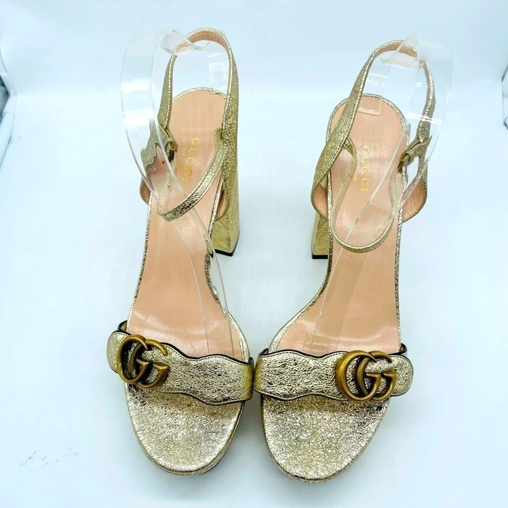 Gucci Galassia Metallic Gold leather GG Marmont ankle strap block heels 40.5